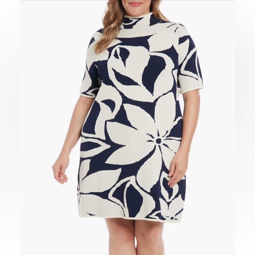 London Times Navy and Cream Floral Plus Dress - New!